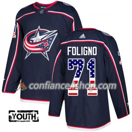 Adidas Maillot de Hockey Blue Jackets Nick Foligno 71 2017-2018 Bleu Marine USA Flag Fashion Authentic - Enfant
